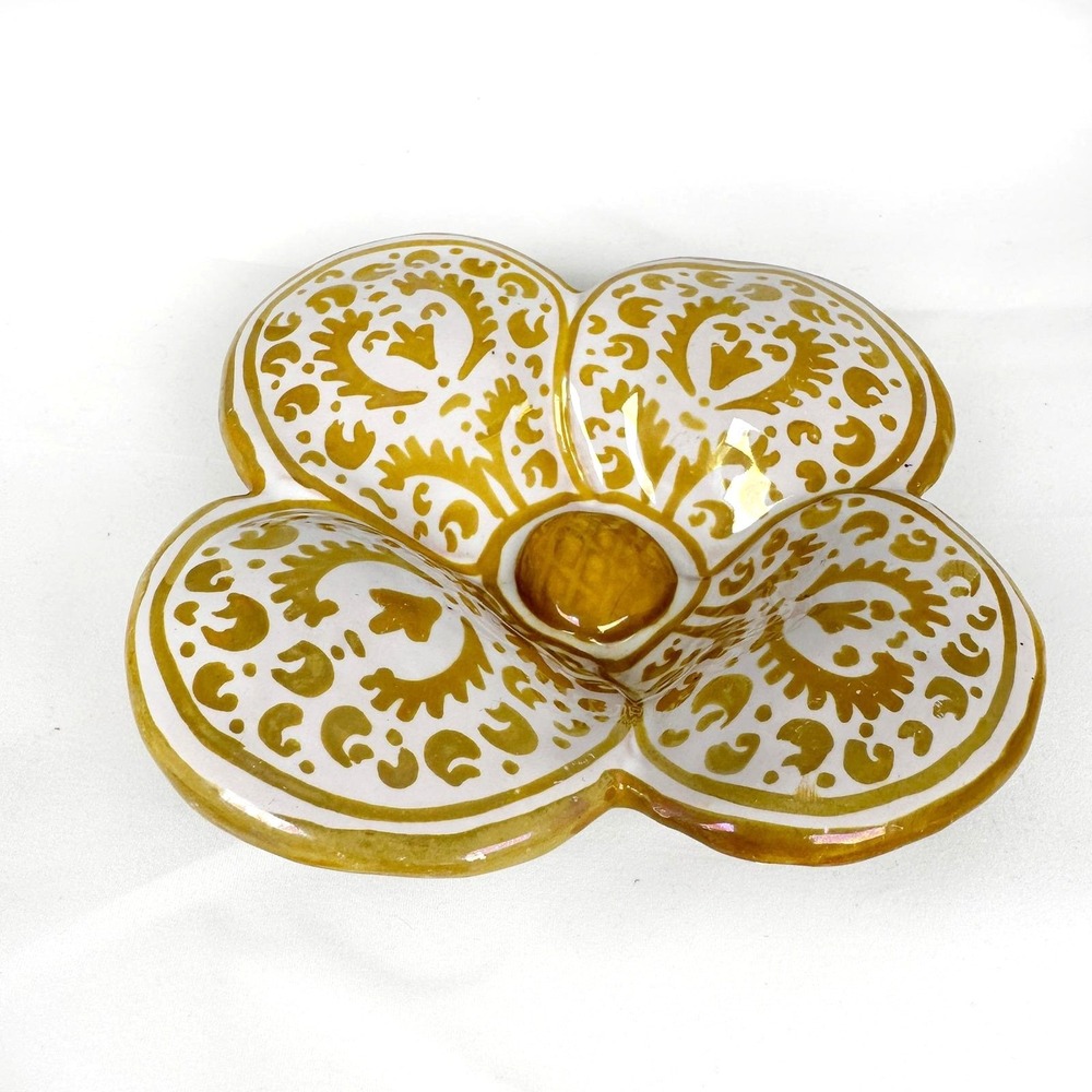 Vintage PV Italy Peasant Village Gold Hand Painted Clover Trinket Dish Bowl